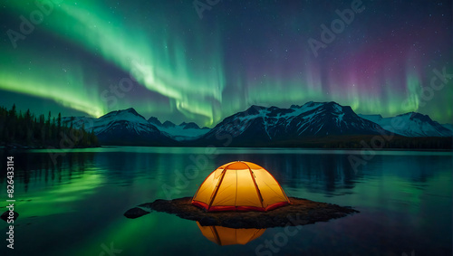 A glowing tent by a calm tranquil lake with the beautiful northern lights dancing in the sky