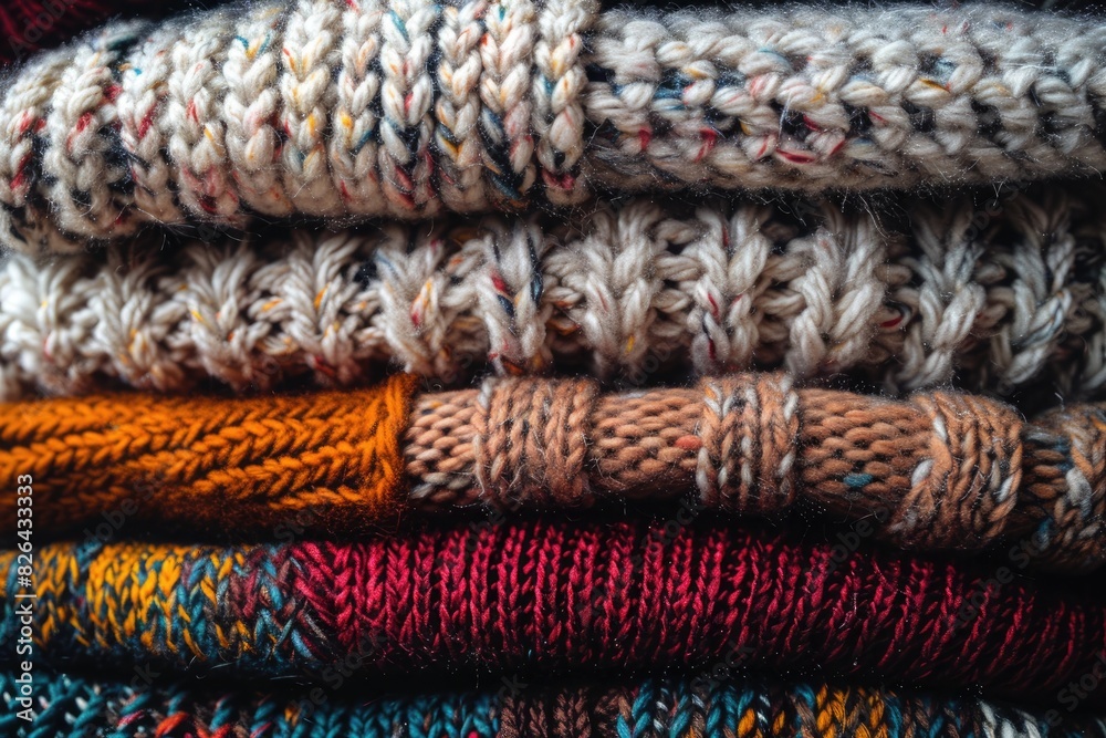 a stack of cozy winter beanies in different textures and colors. a stack of cozy winter beanies in different textures and colors.