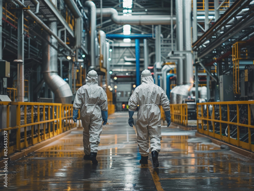Workers in Protective Suits Walking in Factory Workers in Protective Suits Walking in Factory