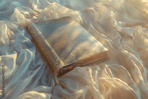 An ancient book lies open on a bed of soft, white fabric. The book is made of yellowed pages and has a leather cover. photo