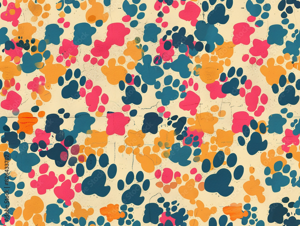 A colorful pattern of paw prints background. The paw prints are of different colors and sizes, creating a lively and playful atmosphere. A colorful pattern of paw prints background. The paw prints are of different colors and sizes, creating a lively and playful atmosphere.
