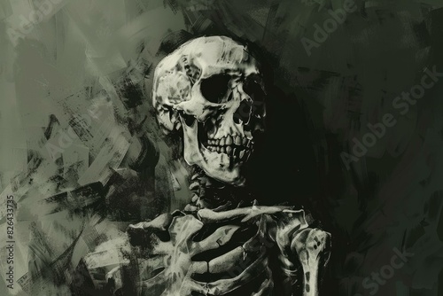 Contemplative skeleton artwork, a thoughtprovoking. Haunting. And mysterious painting of a grayscale. Gothic. And spooky human skull and bone structure. Depicting death and decay. Gothic culture