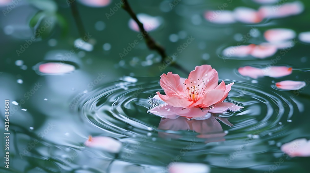 The image is a beautiful close-up of a single pink flower floating on a still pond. The water is crystal clear.