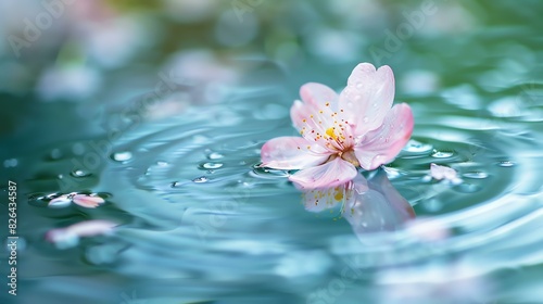 A delicate pink flower floats on the surface of a still pond  surrounded by soft ripples.