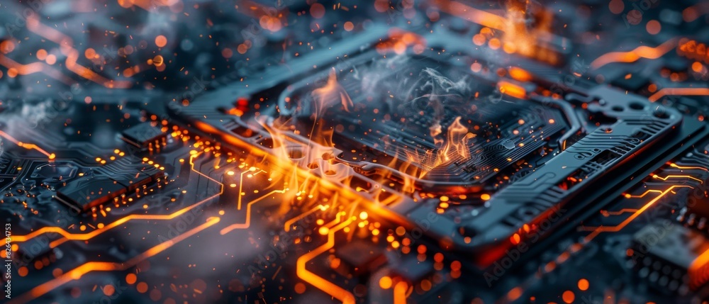 A computer chip with a lot of orange and red sparks A computer chip with a lot of orange and red sparks