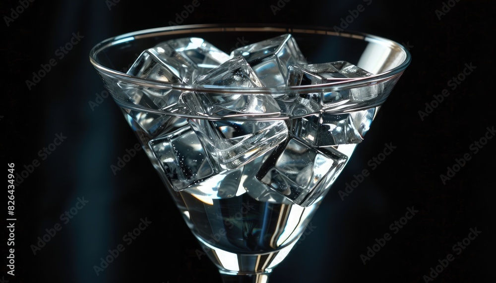A sleek martini glass filled with crystal-clear ice cubes, reflecting the ambient light in prismatic hues. A sleek martini glass filled with crystal-clear ice cubes, reflecting the ambient light in prismatic hues.