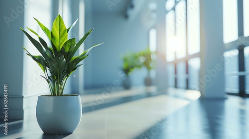 A beautiful indoor plant in a white pot sits in a bright room with large windows. The plant has long, green leaves and is placed on a wooden floor.