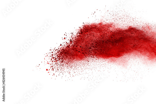 Red powder explosion on white background. Colored cloud. Colorful dust explode. Paint Holi