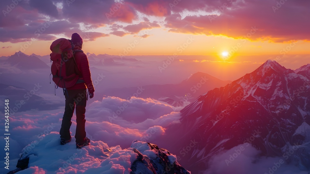 A lone backpacker stands in awe taking in the breathtaking view of the sun rising over the snow capped peaks A lone backpacker stands in awe taking in the breathtaking view of the sun rising over the snow capped peaks