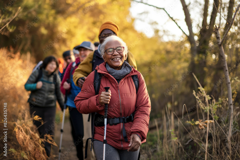 Senior Group Hiking in Autumn Forest Senior Group Hiking in Autumn Forest