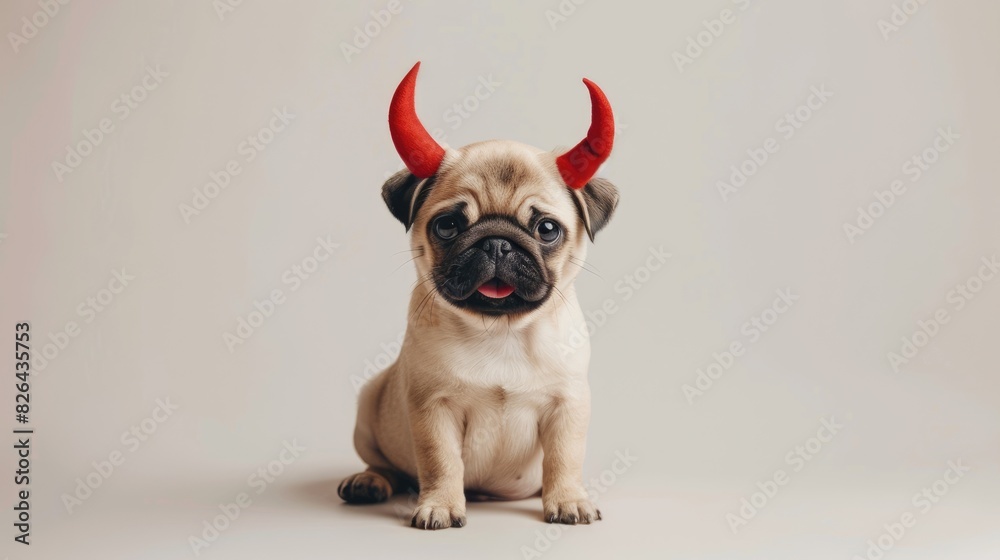 Happy Pug puppy with devil horns sitting on white studio background