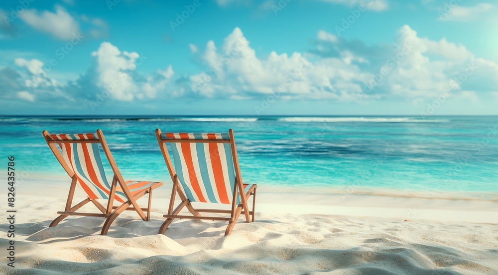 Two striped deck chairs on the beach with sea and sky in background, summer vacation concept, copy space for text. Two striped deck chairs on the beach with sea and sky in background, summer vacation concept, copy space for text.