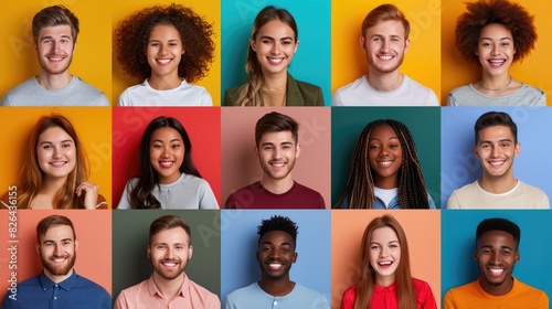 Set of smiling teens photo of various nationalities on color background photo