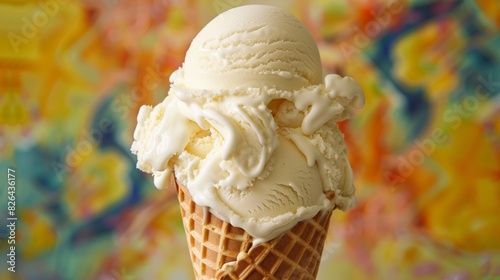 Melting vanilla ice cream cone on colorful background