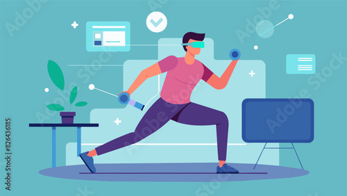 A patient is seen performing functional movements such as squatting lunging and reaching while immersed in a virtual reality setting allowing them to. Vector illustration