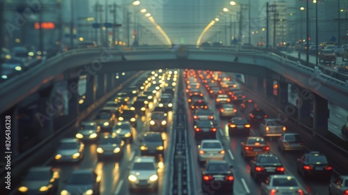 Bumper-to-bumper traffic on a city bridge, cars moving slowly, dense and packed, perfect for urban commuting and transportation themes, isolated background.
