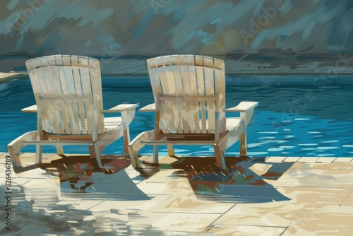 Two wooden adirondack chairs await poolside under the warm sunlight