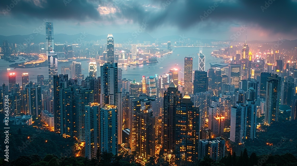 Fototapeta premium A cityscape at night illuminated by the glow of financial district lights, representing the 24/7 nature of global finance.