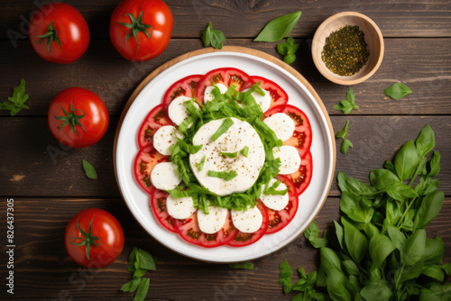 Fresh Caprese Salad with Juicy Tomatoes, Mozzarella Cheese, and Green Basil on Wooden Table