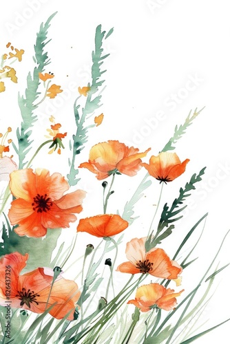Vibrant Watercolor Floral Arrangement with Poppies and Foliage