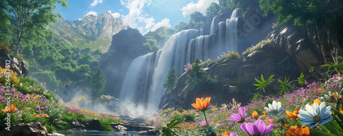 Idyllic landscape with waterfall surrounded by spring blossom in the mountains  wild flowers  generated ai