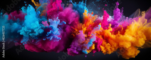 Multicolored powder explosion, splash of colorful paint, panoramic, generated ai 