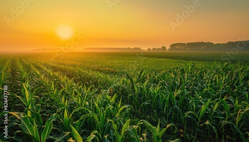 A serene sunrise over vast cornfields  with farmers diligently tending to their crops. The golden hues of dawn illuminate the greenery  promising a bountiful harvest.