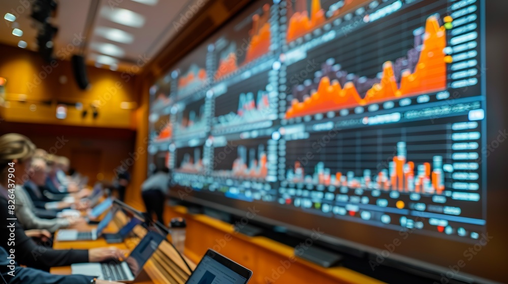 Financial charts projected onto a large screen during a presentation, illustrating data visualization for strategic decision-making. Financial charts projected onto a large screen during a presentation, illustrating data visualization for strategic decision-making.