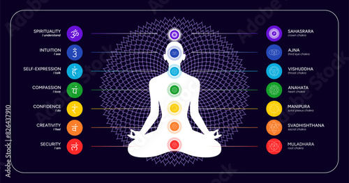 Chakras infographic, names, titles, line art symbol icons. Silhouette of a human body in a lotus position. Chakra system information illustration on dark background