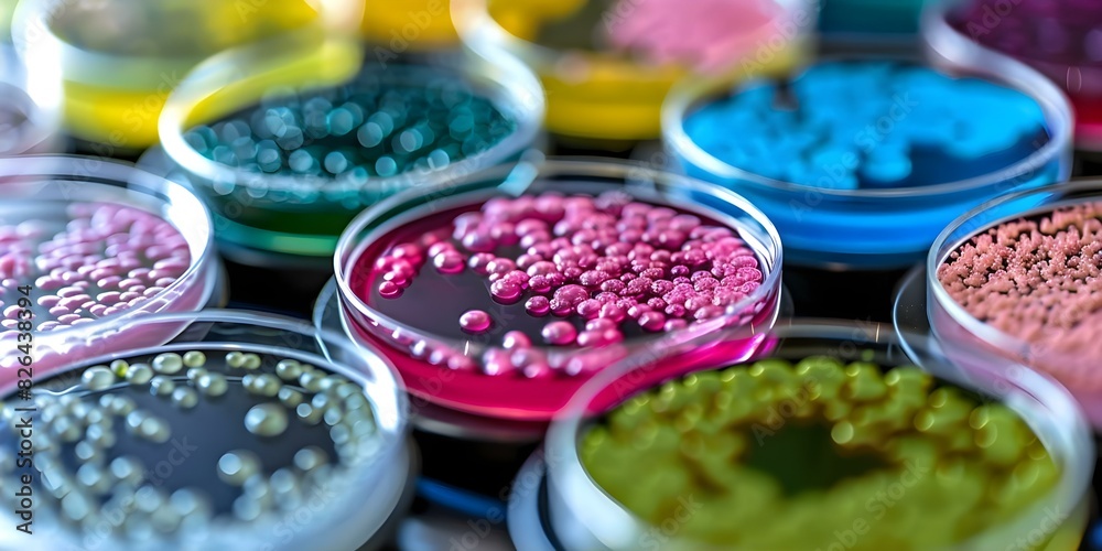 Diverse microbial cultures thriving in petri dishes creating a colorful scientific display. Concept Microbial Cultures, Petri Dishes, Scientific Display, Colorful Bacteria, Diversity in Microbiology Diverse microbial cultures thriving in petri dishes creating a colorful scientific display. Concept Microbial Cultures, Petri Dishes, Scientific Display, Colorful Bacteria, Diversity in Microbiology