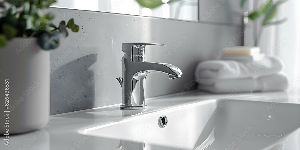 Shiny faucet and clean mirror in a stylish and simple bathroom interior. Concept Bathroom Design, Shiny Faucet, Clean Mirror, Stylish Interior, Simple Decor Shiny faucet and clean mirror in a stylish and simple bathroom interior. Concept Bathroom Design, Shiny Faucet, Clean Mirror, Stylish Interior, Simple Decor