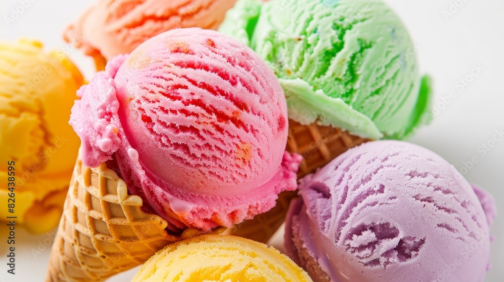 Close-up of colorful scoops of ice cream in a waffle cone on a white background, isolated with copy space, vibrant and refreshing dessert treat, perfect for summer advertising campaigns. Close-up of colorful scoops of ice cream in a waffle cone on a white background, isolated with copy space, vibrant and refreshing dessert treat, perfect for summer advertising campaigns.