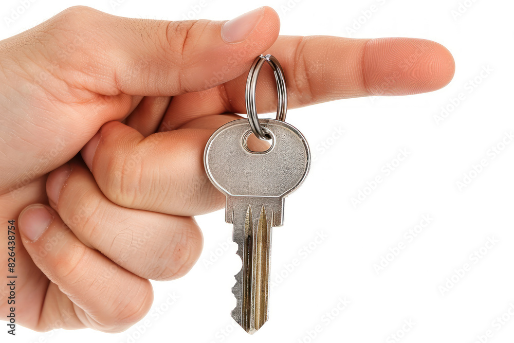 A hand holding a key isolated on gray background A hand holding a key isolated on gray background