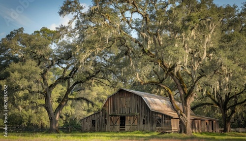 A rustic barn nestled among towering oak trees  its weathered walls a testament to generations of farming heritage. The heartbeat of the countryside echoing in every creak and groan.