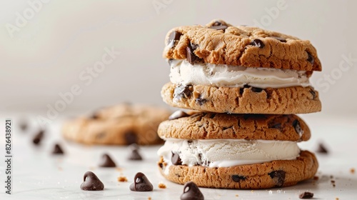 Ice cream sandwich with chocolate chip cookies and vanilla ice cream, close-up shot on a white background with copy space, highlighting the texture and deliciousness, perfect for food marketing.
