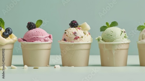 Healthy vegan ice cream made from natural ingredients, served in biodegradable cups, set against a clean, minimalist background, promoting eco-friendly and health-conscious dessert options.