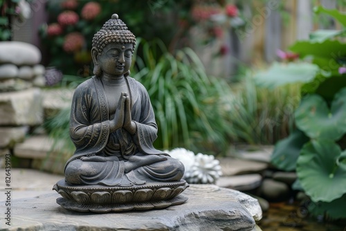 Peaceful buddha statue meditating among green plants and flowers in a tranquil garden