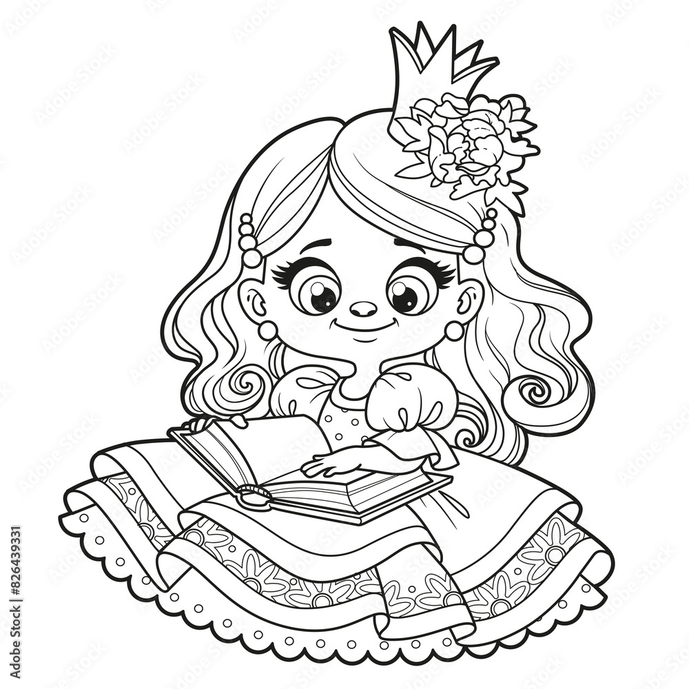 Cute cartoon longhaired princess girl read a book outlined for coloring page on white background Cute cartoon longhaired princess girl read a book outlined for coloring page on white background