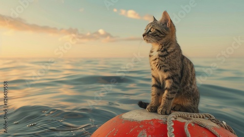 adventurous cat sitting on buoy curious feline exploring nautical environment whimsical animal concept ai generated photo