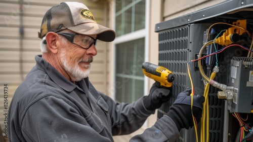 Professional male electrician installing a home air conditioner
