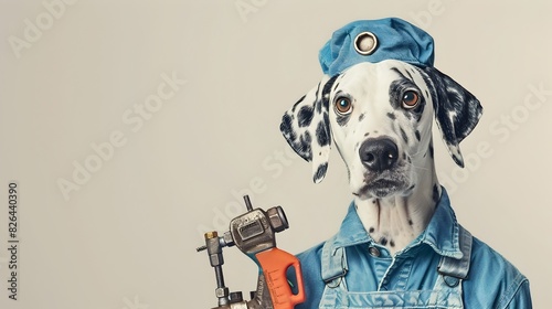 Surreal Plumber Dog Holding Fixing Equipment on Plain Studio Background