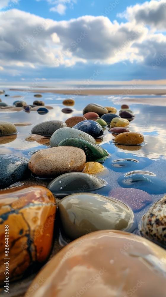 Colorful pebbles on a serene beach at sunset Colorful pebbles on a serene beach at sunset