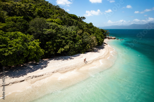 Aerial view of Nudey Beach with turquoise waters and sandy shore, Fitzroy Island, Queensland, Australia. photo