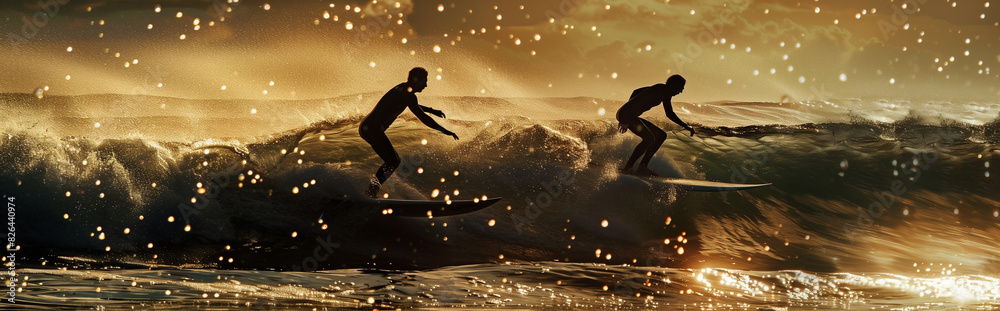 Two surfers riding a wave during golden hour with sparkling water in the foreground.
