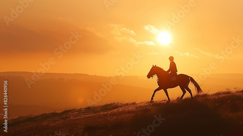 Silhouette of a person riding a horse at sunset.