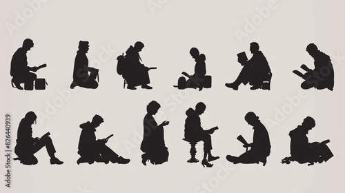 Vector silhouette set of people in various poses on a white background