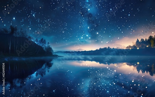 Starry night sky over a calm lake, focus on, reflection theme, whimsical, manipulation, lake backdrop