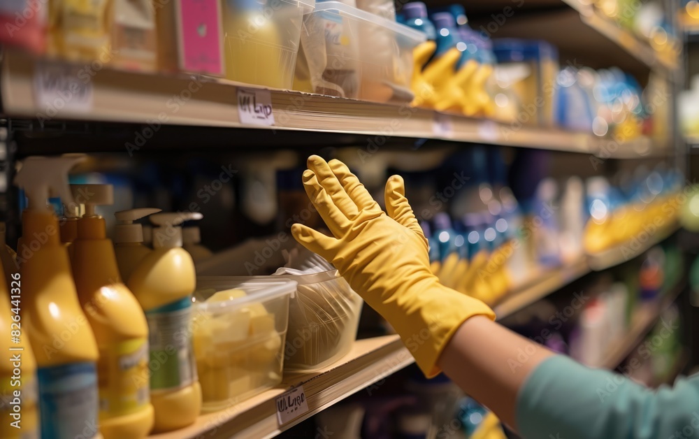 Cleaner hands in gloves organizing shelves, focus on, orderliness theme, dynamic, manipulation, pantry backdrop Cleaner hands in gloves organizing shelves, focus on, orderliness theme, dynamic, manipulation, pantry backdrop