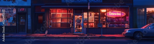 Exterior of a classic CD rental store with neon signage, street view at dusk, inviting storefront, great for retro business promotions and nostalgic cityscape themes, urban background. photo