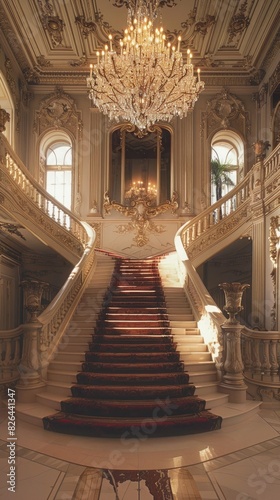 A regal grand staircase in a palatial estate  lined with ornate railings and bathed in the warm glow of a magnificent crystal chandelier.